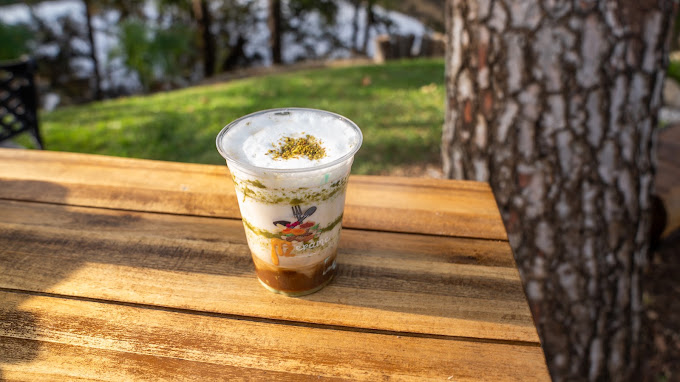A layered pistachio parfait latte on a wood table by the pond